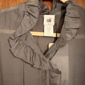 CAbi Ruffle Collar Button-Front Blouse in Gray